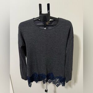 Verticle Design Charcoal Wool Blend Sweater with Navy Lace Hem Size L
